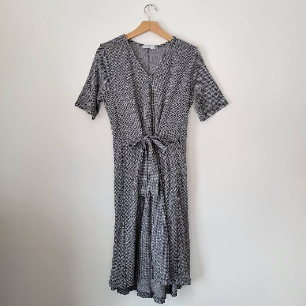 Zara Trafaluc Houndstooth Tie Waist Midi Dress Black White Short Sleeve Size S